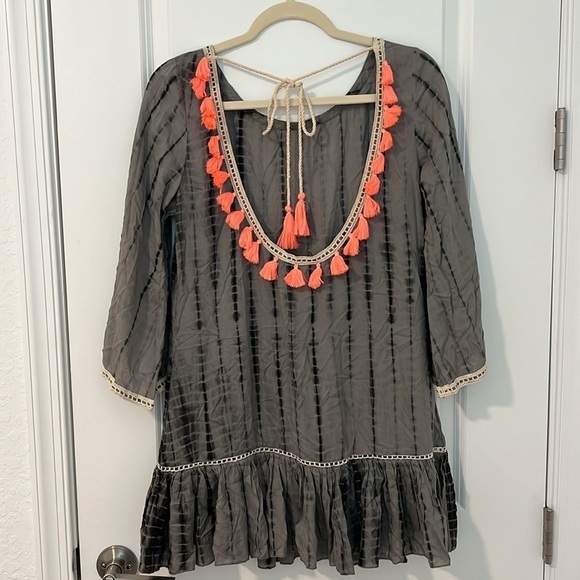 ZLEurope Shibari Tunic Dress Gray Black Tie Dye Coral Tassel Boho Cover Up Small - Picture 14 of 15